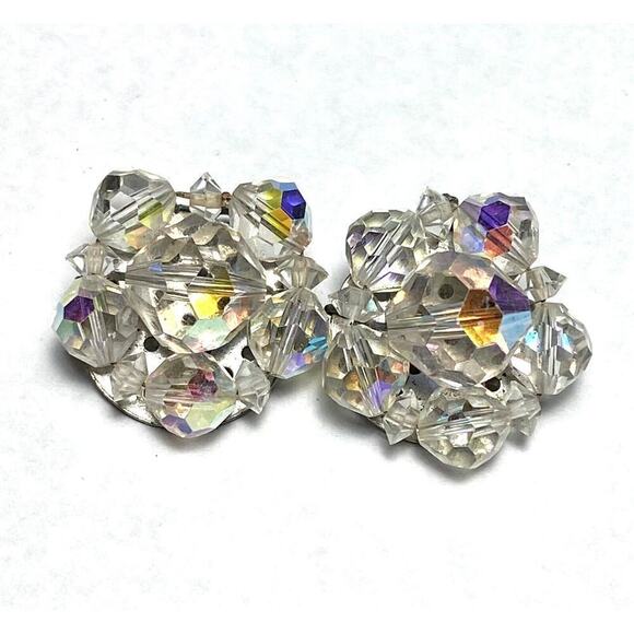 Vintage Clip Ons Clips Earrings Beaded Two Pairs Lot AB Crystals - Picture 8 of 16
